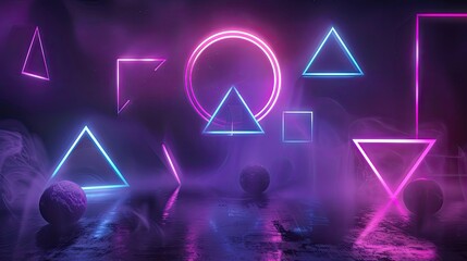 Fototapeta premium Neon geometric shapes in vibrant colors on a dark background. Concept of futuristic digital design and abstract art.