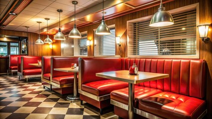 Cozy retro diner interior with warm lighting, red booths, and chrome accents, featuring a flat-screen TV mounted on a wooden wall amidst vintage decor.
