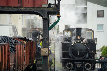 a vintage working steam locomotive train, Ffestiniog narrow gauge railway in Snowdonia National Park, Wales UK