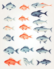 Illustrative and colorful depiction of fishes of different kind in color and shape in a drawn appearing style