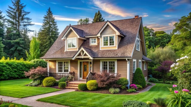 Cozy small single-family home with a sloping roof and dormer window set amidst lush greenery and a tranquil suburban neighborhood scenery.