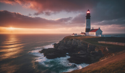 A lighthouse stands tall on a rocky cliff overlooking the ocean during a dramatic sunset