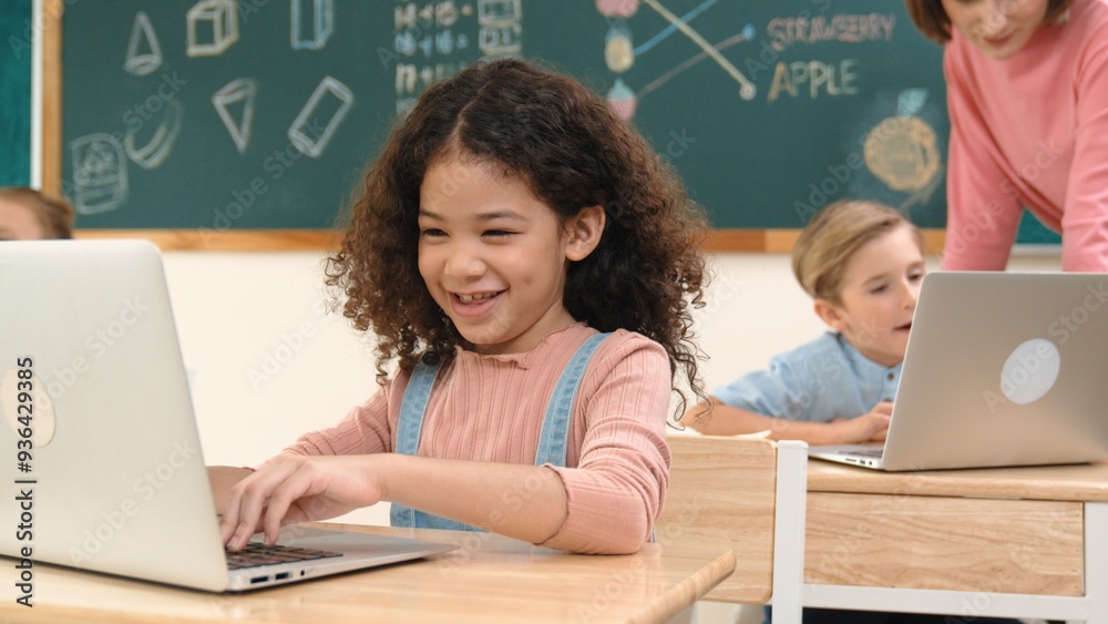 Poster attractive girl coding prompt while looking at camera at stem class while happy teacher checking sma