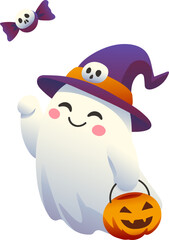 Cute Ghost with Witch Hat and Pumpkin Bucket (Gradient Color Style)