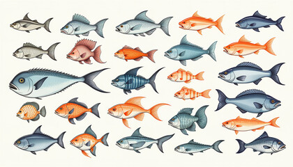 Obraz premium Illustrative and colorful depiction of fishes of different kind in color and shape in a drawn appearing style