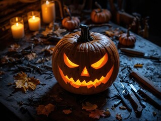 A carved jack-o-lantern with a menacing grin sits on a rustic wooden table lit by candles and surrounded by fallen leaves and carving tools.