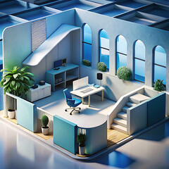 Modern open space room office interior design on white and blue color tone. AI Generated