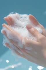 Fototapeta premium Hands Washing With Soap and Bubbles in Clear Water Outdoors