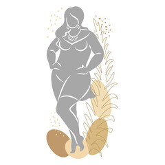 Silhouette of woman figure and plant leaves. Girl is standing. Lady is full of beauty and sexuality. Girl is overweight vector illustration