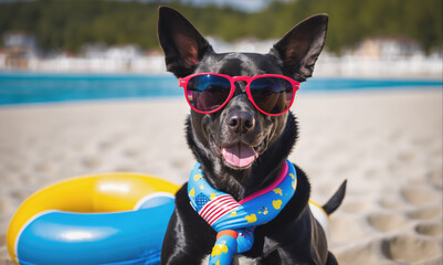 A black dog wearing red sunglasses and a patriotic bandana sits in front of a blue and yellow pool float on a sandy beach