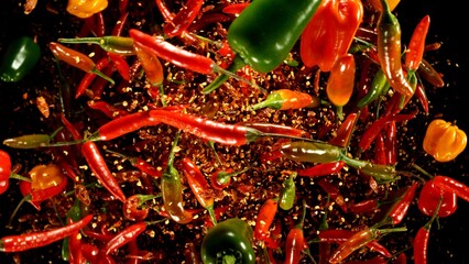 Group of coloured chilli peppers flying on black background.