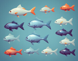 Naklejka premium Illustrative and colorful depiction of fishes of different kind in color and shape in a drawn appearing style