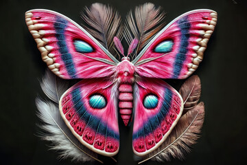 Naklejka premium A hyper-realistic butterfly with striking pink, blue, and black feather wings, surrounded by delicate feathers against a dark background.