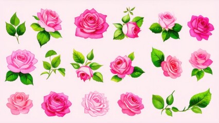 Vector watercolor rose illustration.set of Spring pink rose flowers, leaves, pink roses, rosettes. Cards, invitations, decorations garland. Wedding, Mother's Day, Valentine's Day
