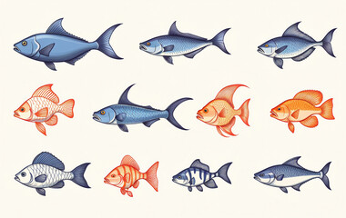 Fototapeta premium Illustrative and colorful depiction of fishes of different kind in color and shape in a drawn appearing style