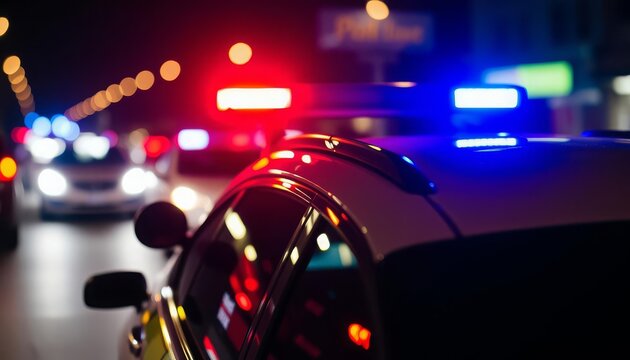 police car with red and blue emergency lights flashing, illuminating street scene, nighttime law enforcement patrol, concept of public safety
