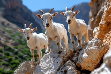 Fototapeta premium Three white goats stand on rocky cliffs with a mountain range in the background.
