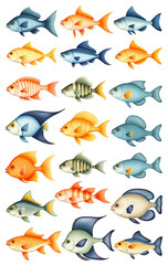 Naklejka premium Illustrative and colorful depiction of fishes of different kind in color and shape in a drawn appearing style