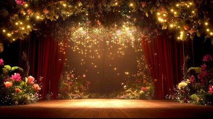 A vibrant stage adorned with blooming flowers and twinkling lights invites creativity. Perfect for theater productions or artistic showcases. Bright colors evoke joy and inspiration. AI