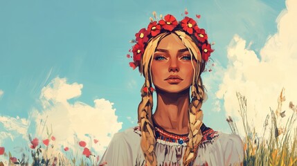Fototapeta premium Young woman in traditional attire with flower crown stands in a field under a blue sky during a sunny day