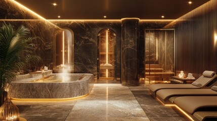 A luxurious spa interior featuring elegant marble surfaces and soft ambient lighting. Relaxation is key in this inviting space designed for rejuvenation and tranquility. Explore serenity. AI