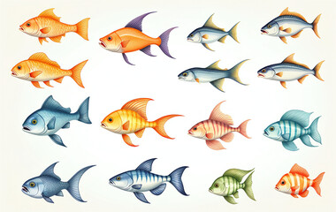Fototapeta premium Illustrative and colorful depiction of fishes of different kind in color and shape in a drawn appearing style