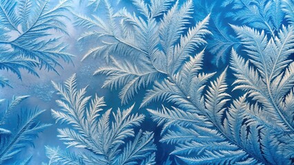 Delicate frost patterns dance across a soft, serene, and icy blue winter background, evoking a sense of calm and tranquility in the stillness of the season.