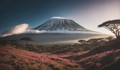 Selbstklebende Fototapeten Mount Kilimanjaro stands tall in the morning light, with clouds partially obscuring its snow-capped peak © Miklos