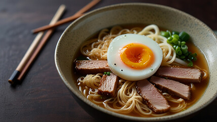 A Steaming Bowl Of Ramen With Rich Broth, Noodles, Sliced Pork, Soft-boiled Egg, And Green Onions, Food Image