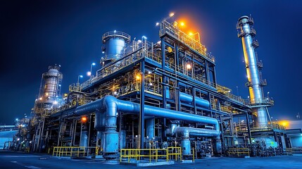 Exterior View of a Large Industrial Plant at Night with Reflective Surfaces