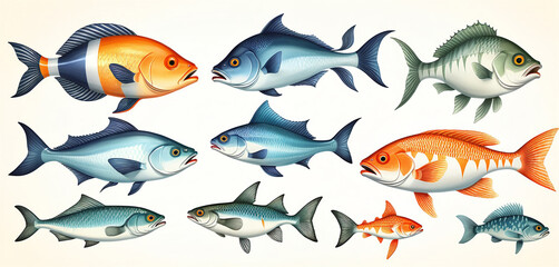 Obraz premium Illustrative and colorful depiction of fishes of different kind in color and shape in a drawn appearing style