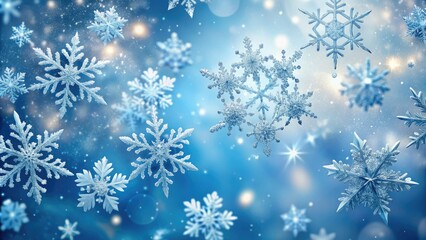 Delicate, intricate snowflakes gently fall against a soft, serene blue winter sky, creating a peaceful and calming atmosphere, evoking feelings of wonder and magic.