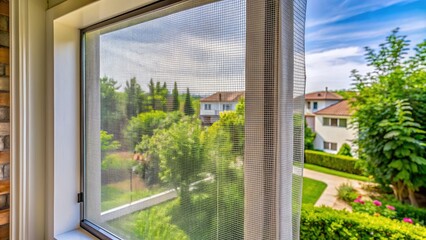 Delicate mosquito net wire screen attached to a house window, providing a protective barrier against insects and pests while maintaining airflow and visibility.
