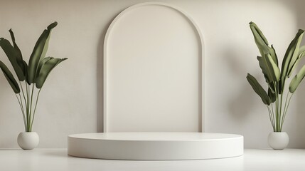 Minimalist display area with curved backdrop and potted plants in a modern interior design setting