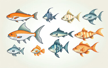Naklejka premium Illustrative and colorful depiction of fishes of different kind in color and shape in a drawn appearing style