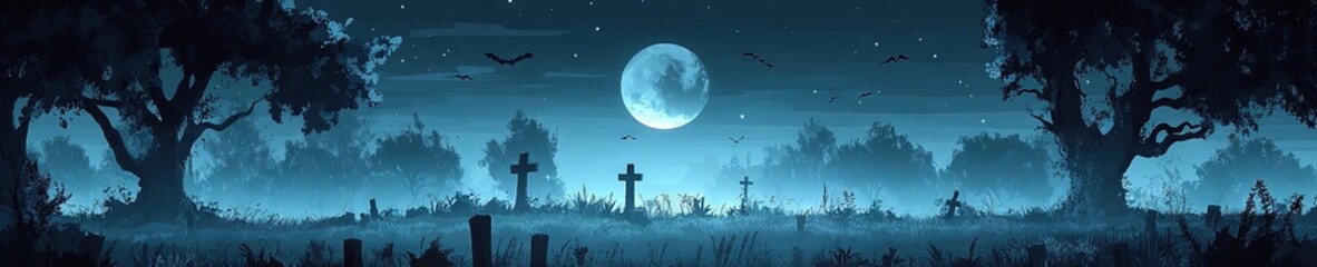 Fototapeta premium 2D animated cartoon graveyard at night, full moon 