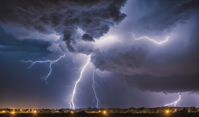A powerful lightning strike illuminates the dark sky above a city at night