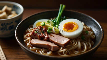A Steaming Bowl Of Ramen With Rich Broth, Noodles, Sliced Pork, Soft-boiled Egg, And Green Onions, Food Image
