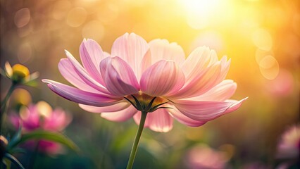Delicate pink flower with tender, curved petals unfolding from its center, set against a soft, blurred background with warm natural lighting.