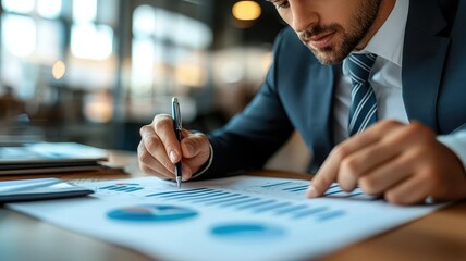 Business strategist explaining a competitive edge, right-aligned, pastel background, high resolution