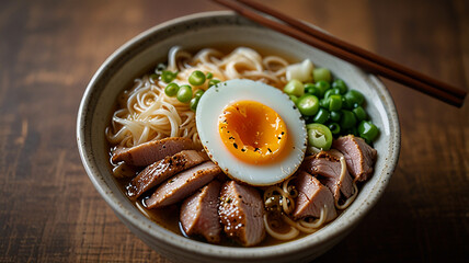 A Steaming Bowl Of Ramen With Rich Broth, Noodles, Sliced Pork, Soft-boiled Egg, And Green Onions, Food Image