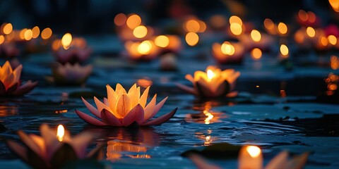 loi krathong concept with candles and krathongs