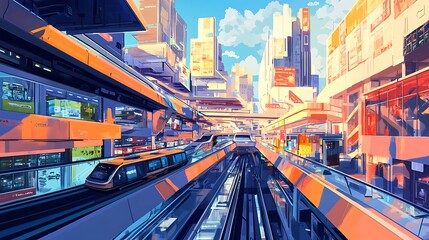 Futuristic Cityscape with Elevated Train and Sky View
