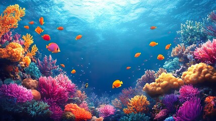 Fototapeta premium Bright coral reef teeming with fish perfect for designing engaging underwater-themed nature background visuals