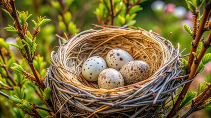 Fototapeta premium Delicate twigs and dried grasses form a intricately woven nest, holding three speckled eggs, in a bush, home to a busy chipping sparrow family.