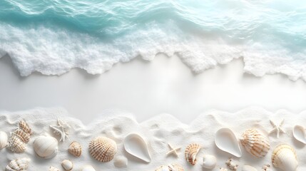 Seashells and Ocean Waves on White Sand.