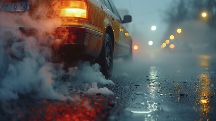 A car is driving on a wet road with rain falling on it