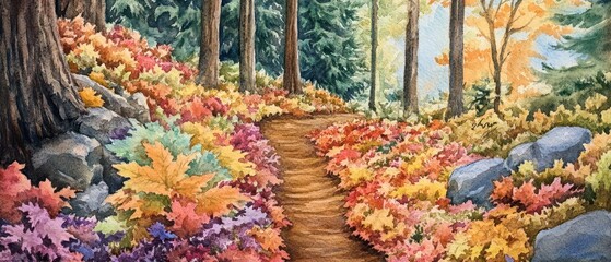 Fototapeta premium A watercolor artwork featuring autumn leaf peeping along scenic trails, with colorful leaves carpeting the forest floor