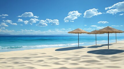 Obraz premium Two Beach Umbrellas on a Sandy Beach with Blue Water and a Clear Sky