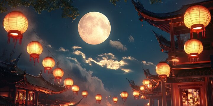 chinese moon festival concept with lanterns in the light of the full moon